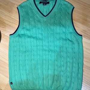 Brooks Brothers Mint Green Cable Knit V-Neck Sweater Vest with Navy Trim